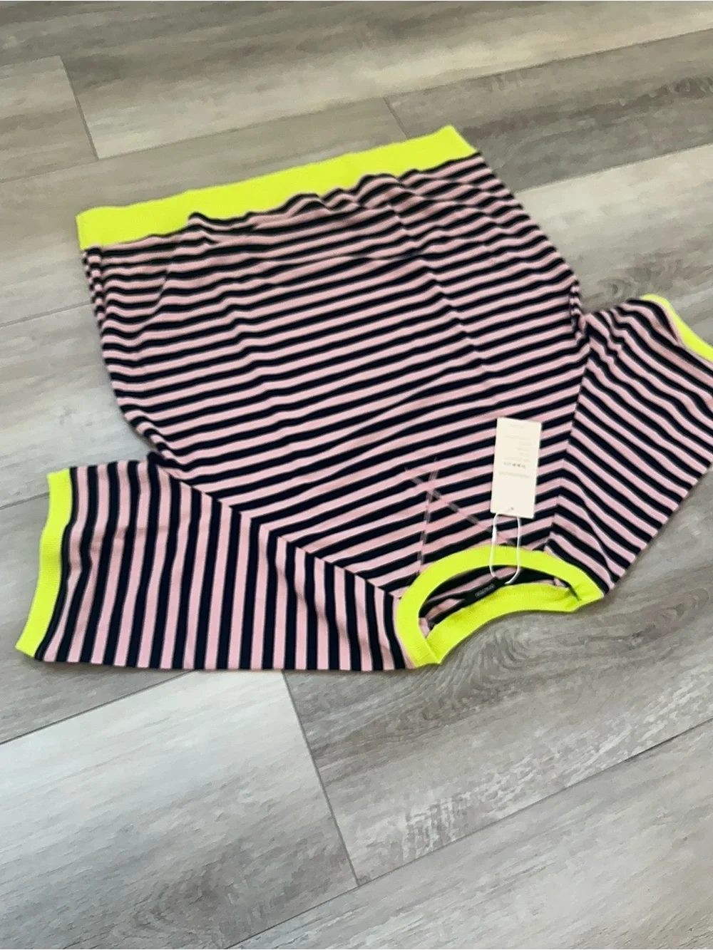 Striped Short-Sleeve Knit Top in Pink and Navy with Neon Trim